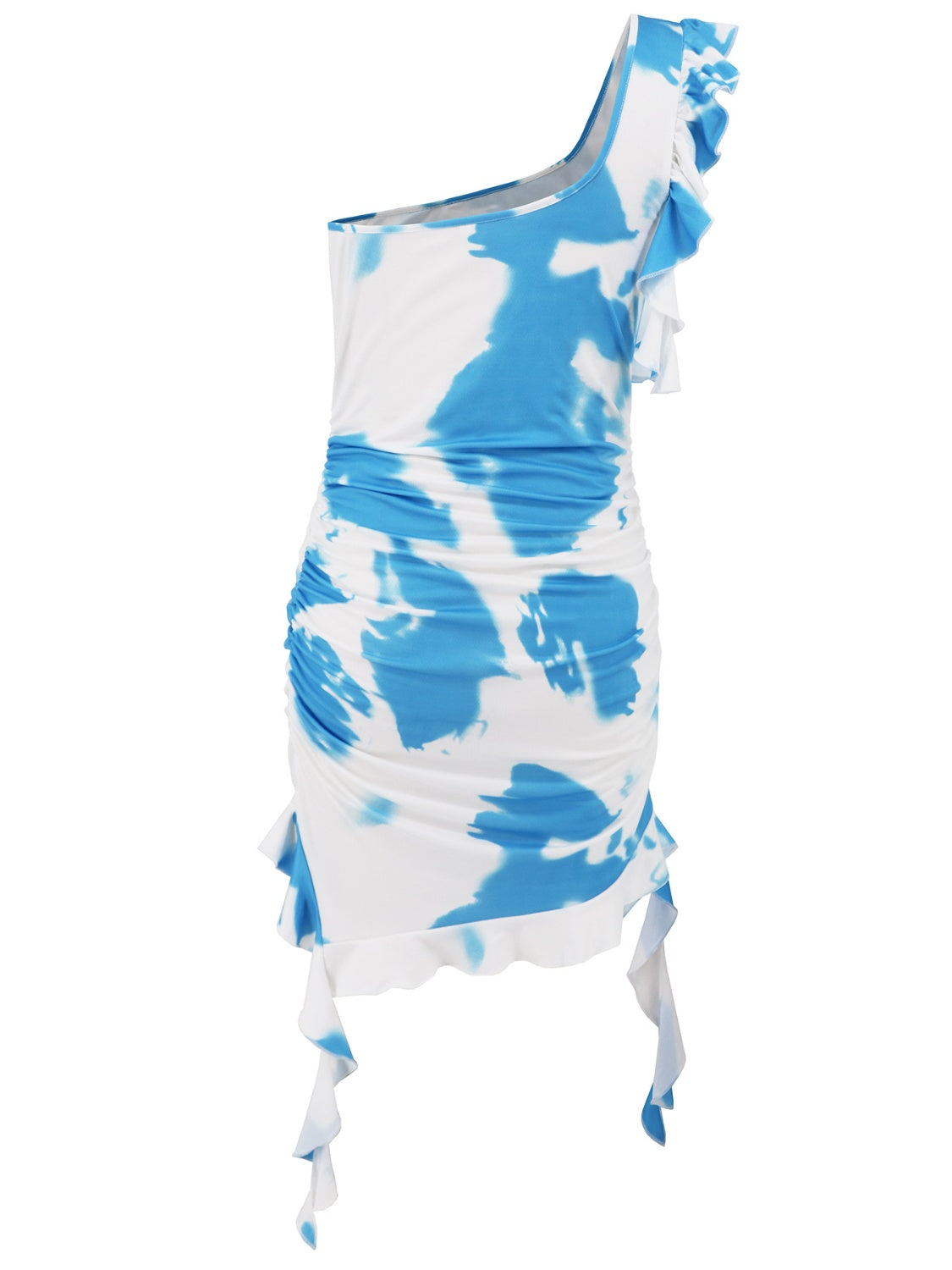 Ruffled Tie-Dye Single Shoulder Mini Dress Pastel Blue