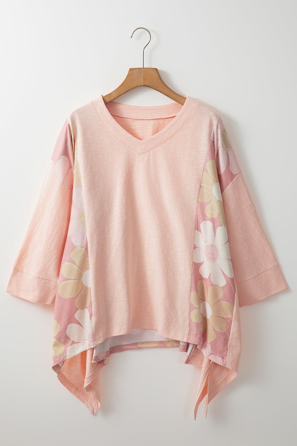 Slit Floral V-Neck Three-Quarter Sleeve Blouse Blush Pink