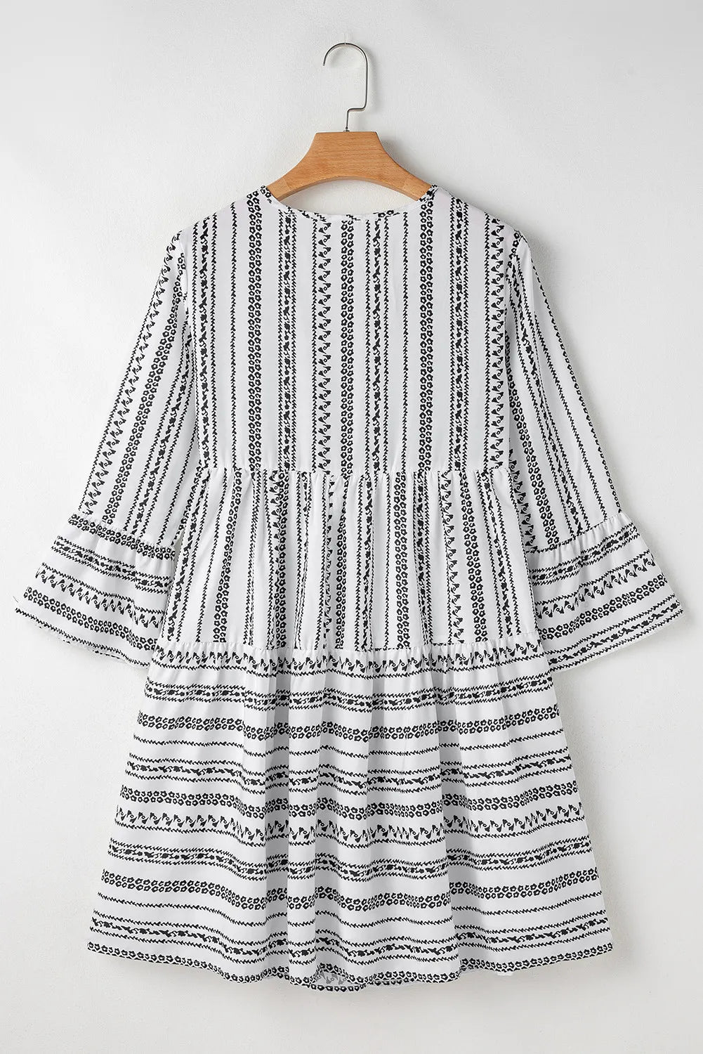 Printed Tie Neck Three-Quarter Sleeve Mini Dress White