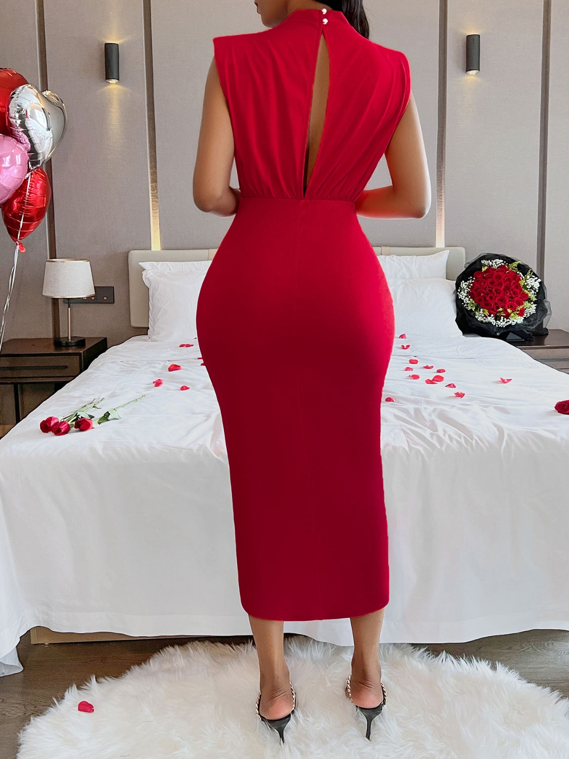 Cutout Slit Mock Neck Sleeveless Dress Scarlet