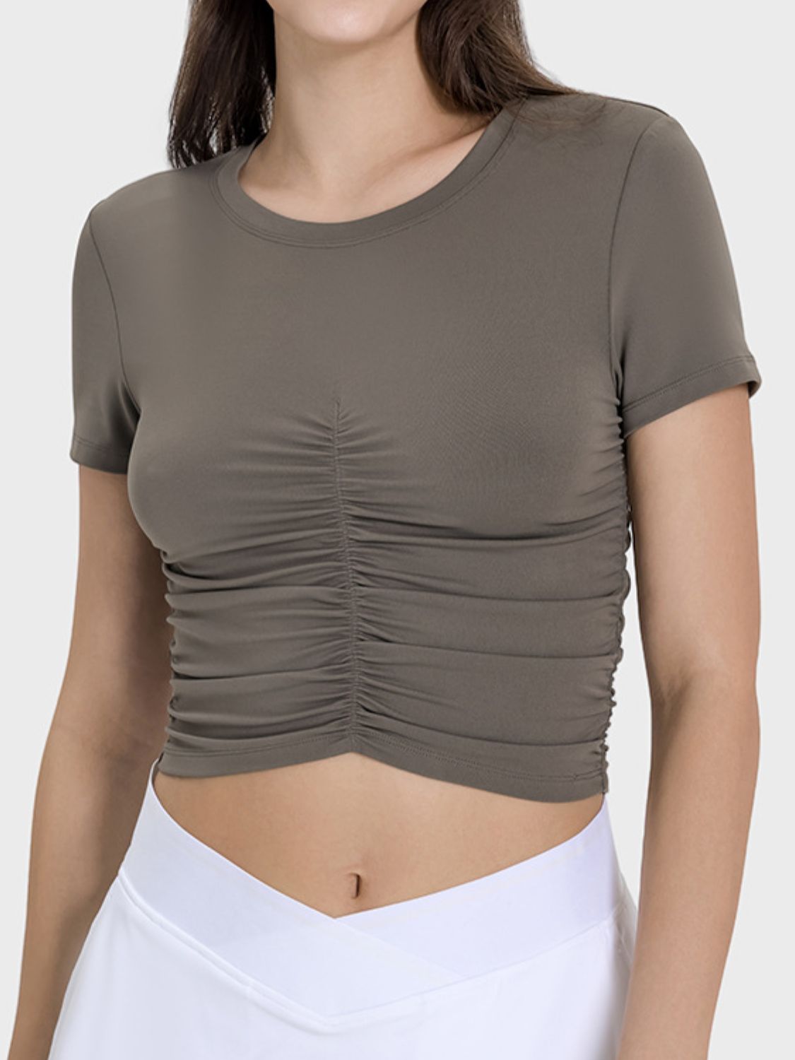 Millennia Ruched Round Neck Short Sleeve Active T-Shirt Mocha