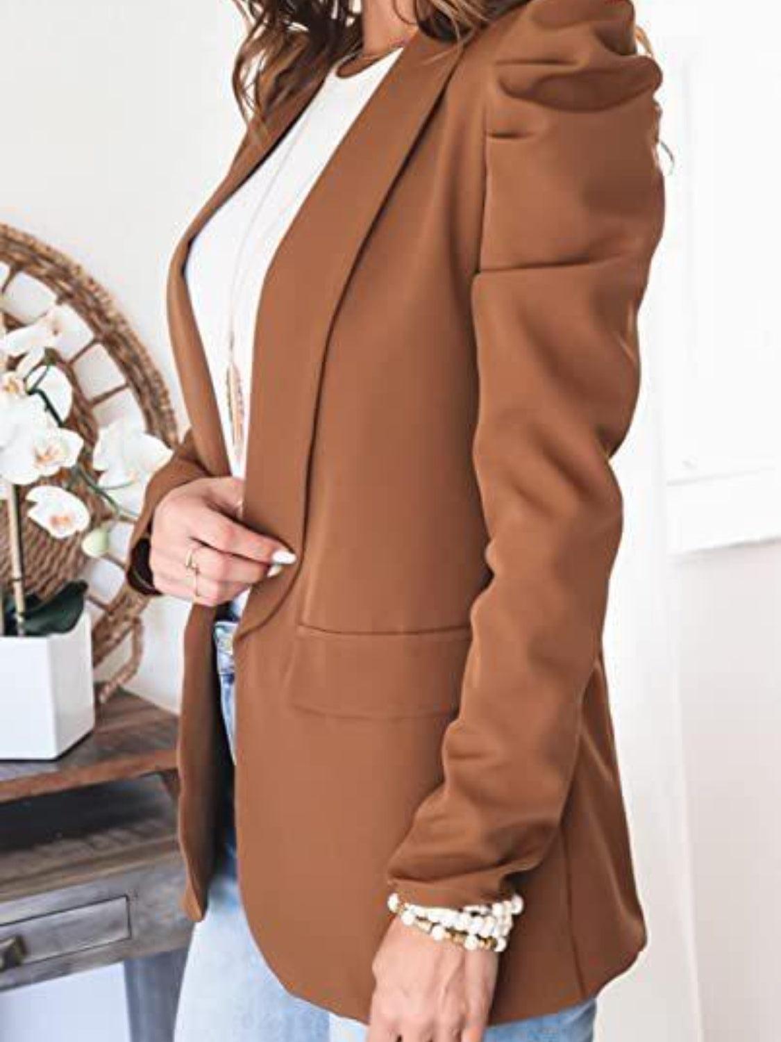 Collared Neck Puff Sleeve Blazer Brown