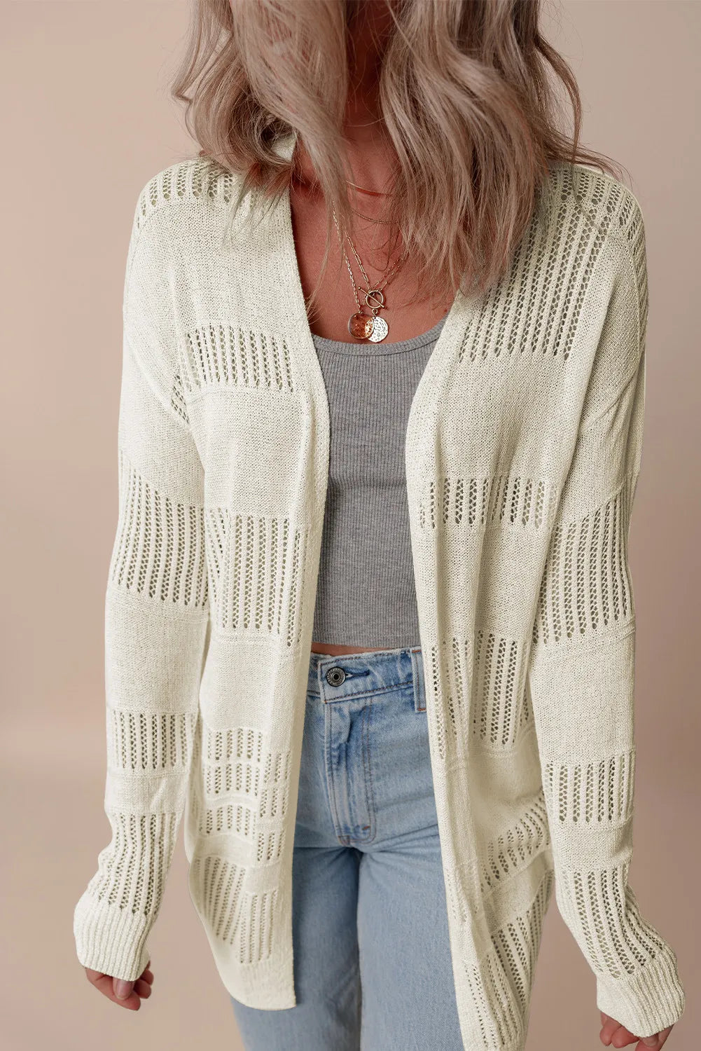 Openwork Open Front Long Sleeve Cardigan Ivory