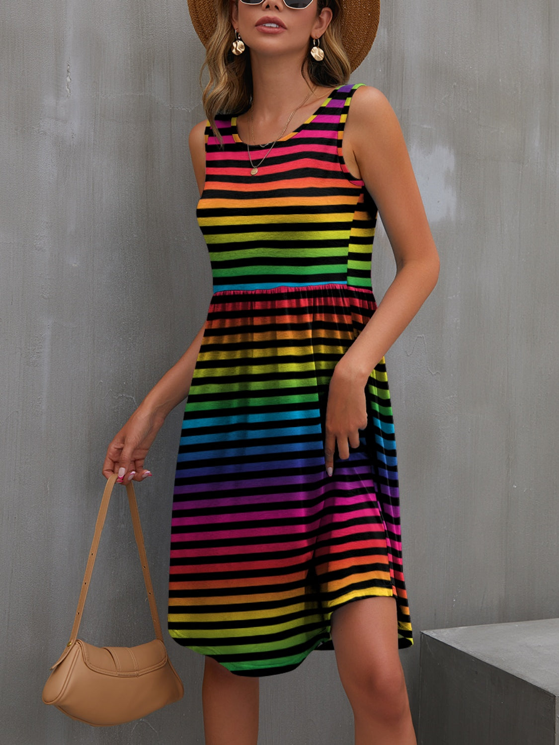 FAM-FAM Round Neck Wide Strap Mini Dress Stripe