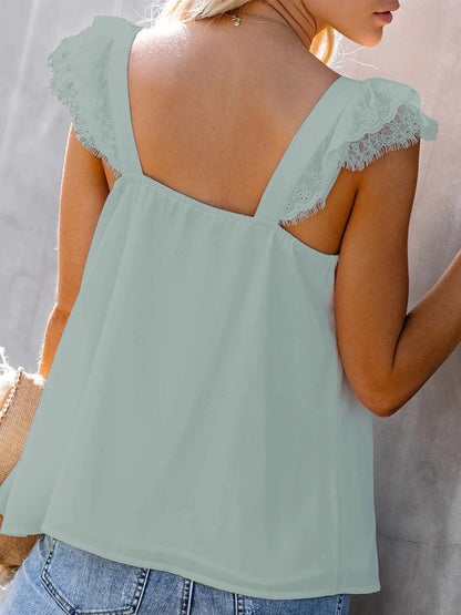 Lace Detail V-Neck Cap Sleeve Blouse Sage