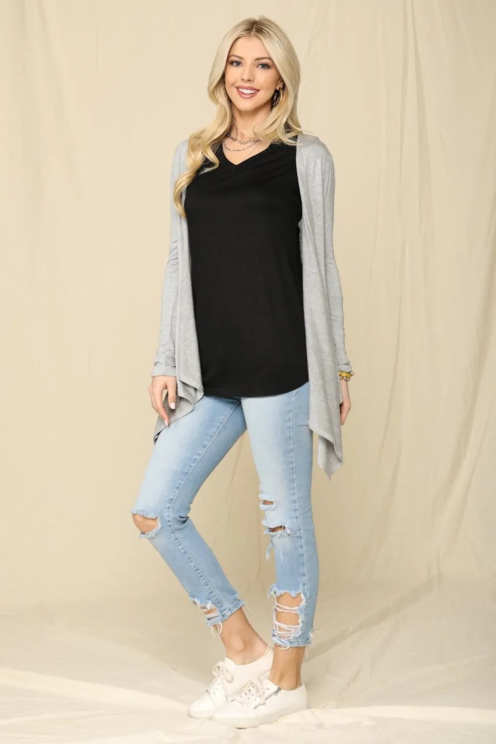 Celeste Full Size Open Front Knit Cardigan Grey