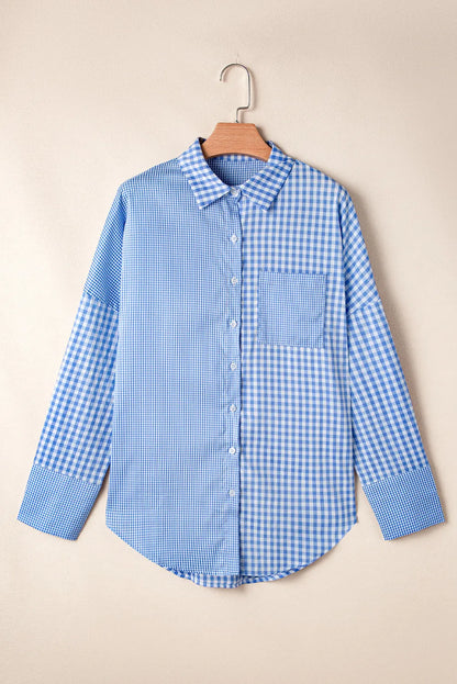 Pocketed Plaid Collared Neck Long Sleeve Shirt Light Blue