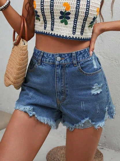 Distressed Raw Hem Denim Shorts Medium