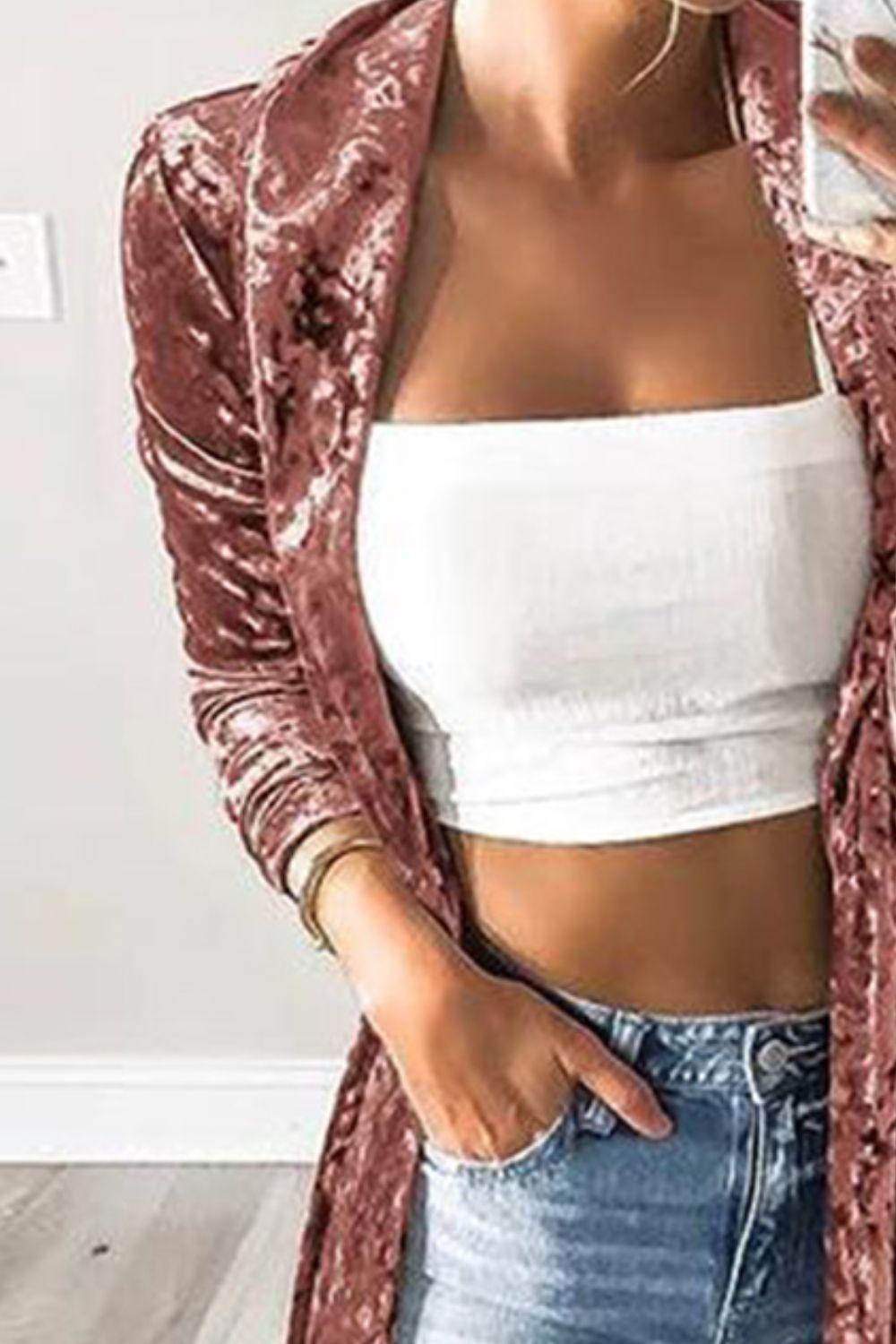 Open Front Long Sleeve Longline Velvet Cardigan Pale Blush