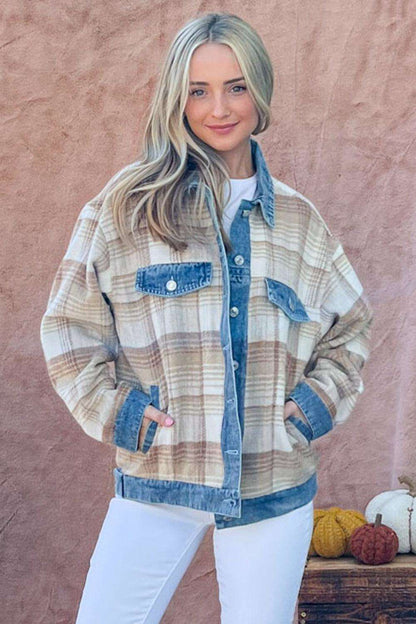 And The Why Full Size Washed Denim Detail Brushed Plaid Jacket Multi