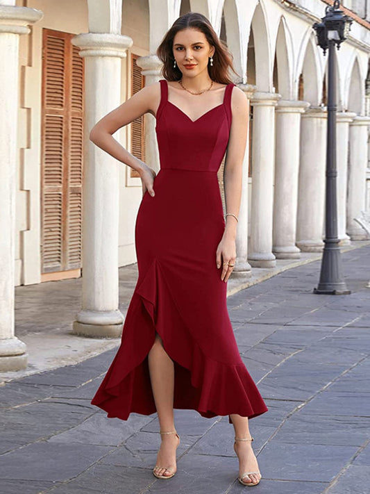 Ruffled Sweetheart Neck Fishtail Cami Dress Burgundy