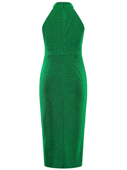 Slit Ruched Mock Neck Sleeveless Dress Dark Green