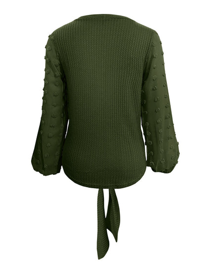 Tied Swiss Dot V-Neck Long Sleeve Blouse Army Green