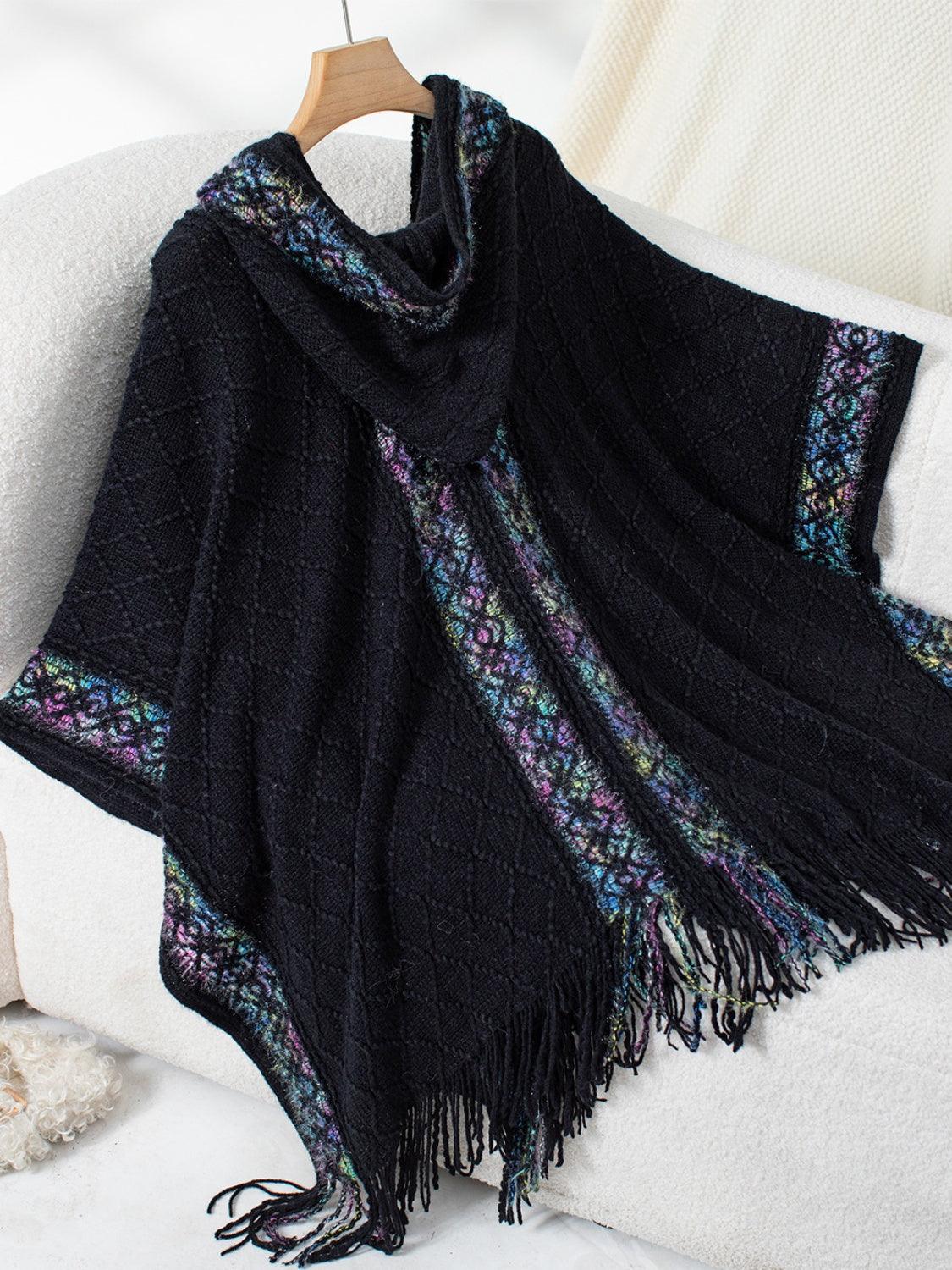 Fringe Half Sleeve Hooded Poncho Black One Size