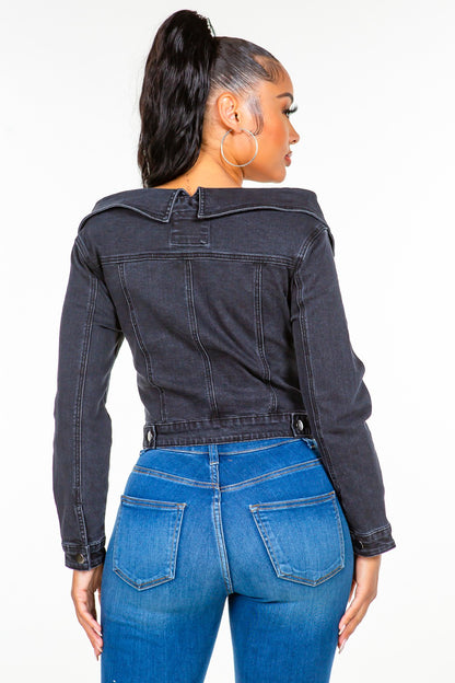 American Bazi Off Shoulder Lace Up Denim Jacket Black