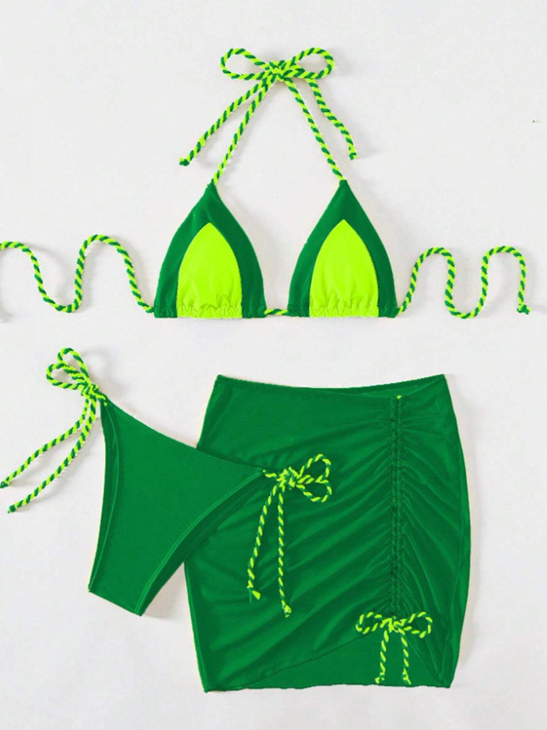 Contrast Tied Three-Piece Swim Set Dark Green