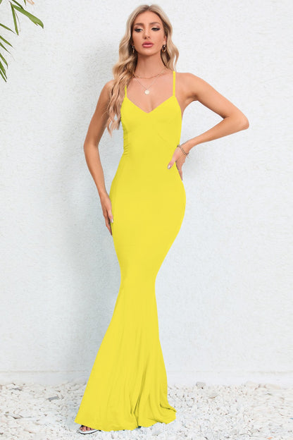 Crisscross Spaghetti Strap Fishtail Dress Yellow