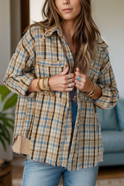 Drawstring Plaid Button Up Hooded Shacket Plaid