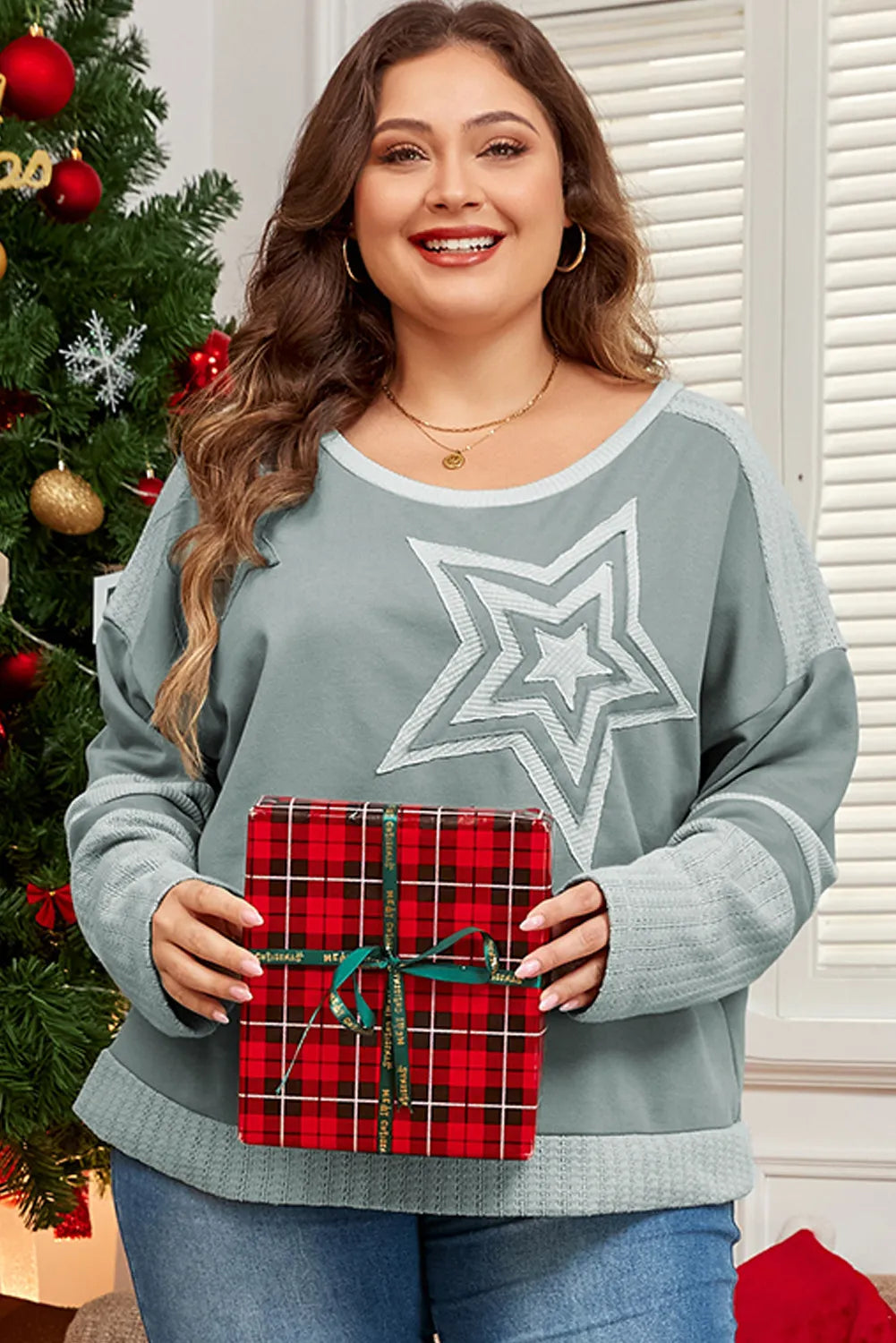 Plus Size Star Round Neck Long Sleeve Top Sage