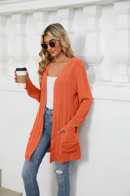 Pocketed Open Front Long Sleeve Cardigan Orange