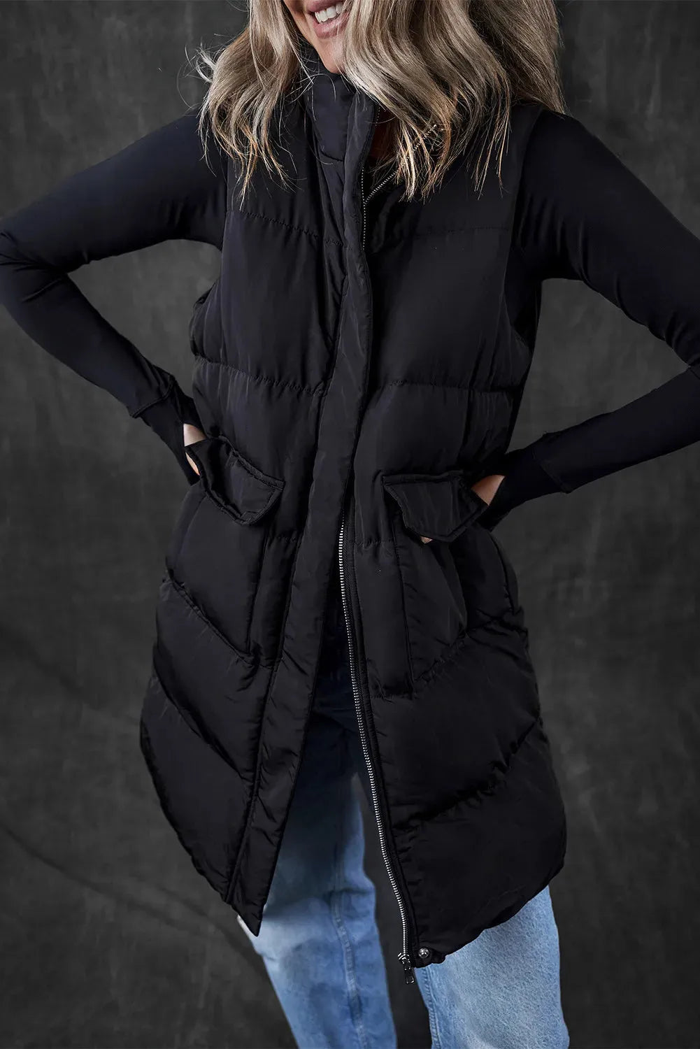 Pocketed Zip Up Vest Coat Black