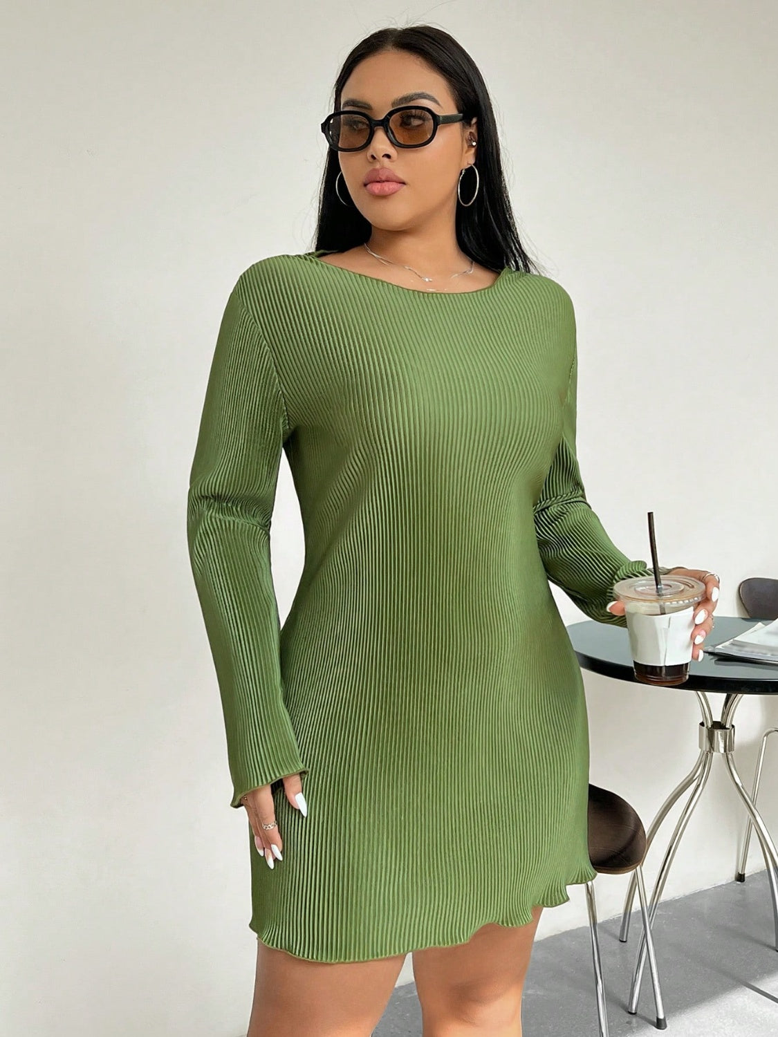 Honey Plus Size Lettuce Hem Round Neck Long Sleeve Dress Matcha Green