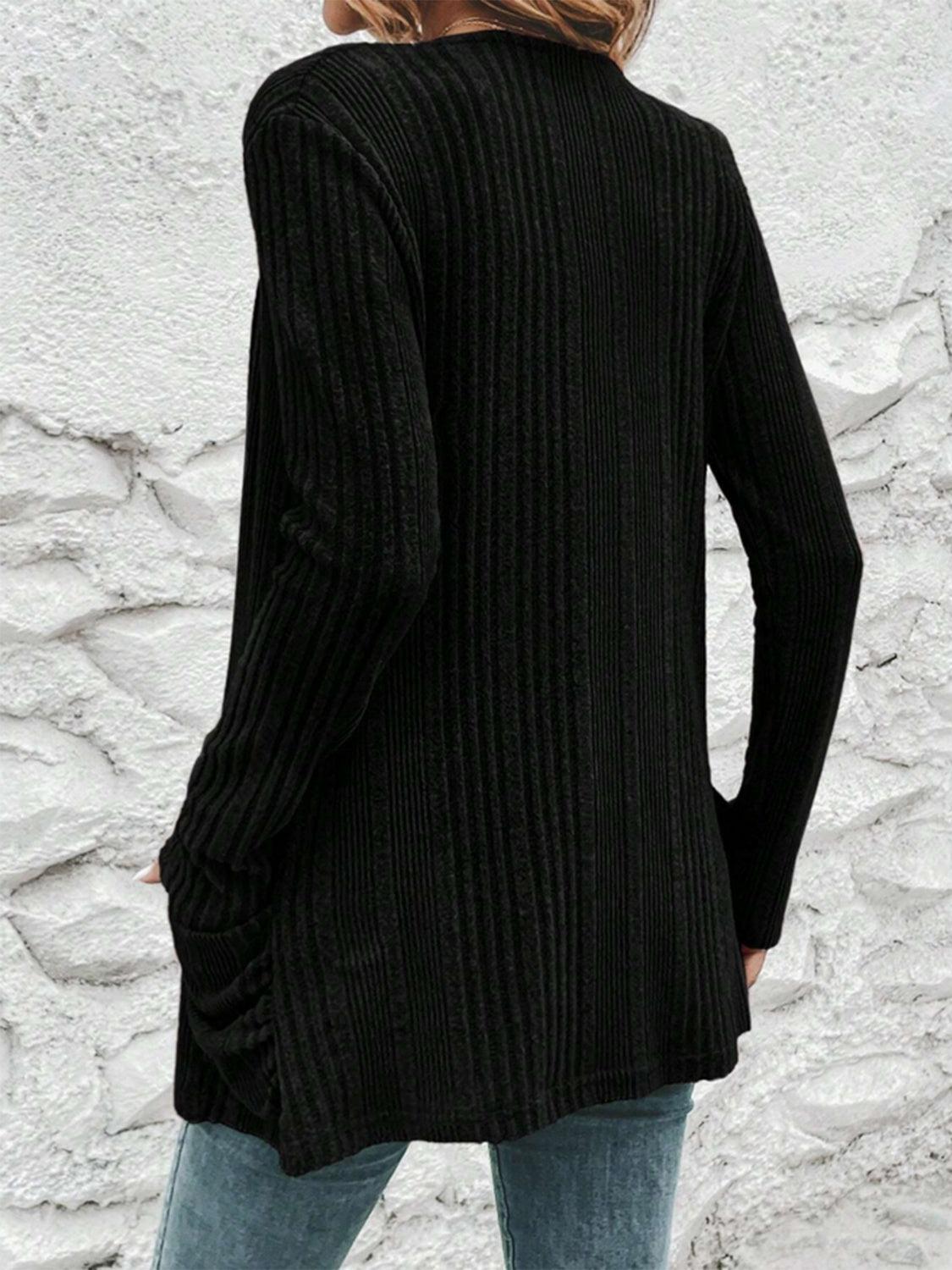 Pocketed Open Front Long Sleeve Cardigan Black