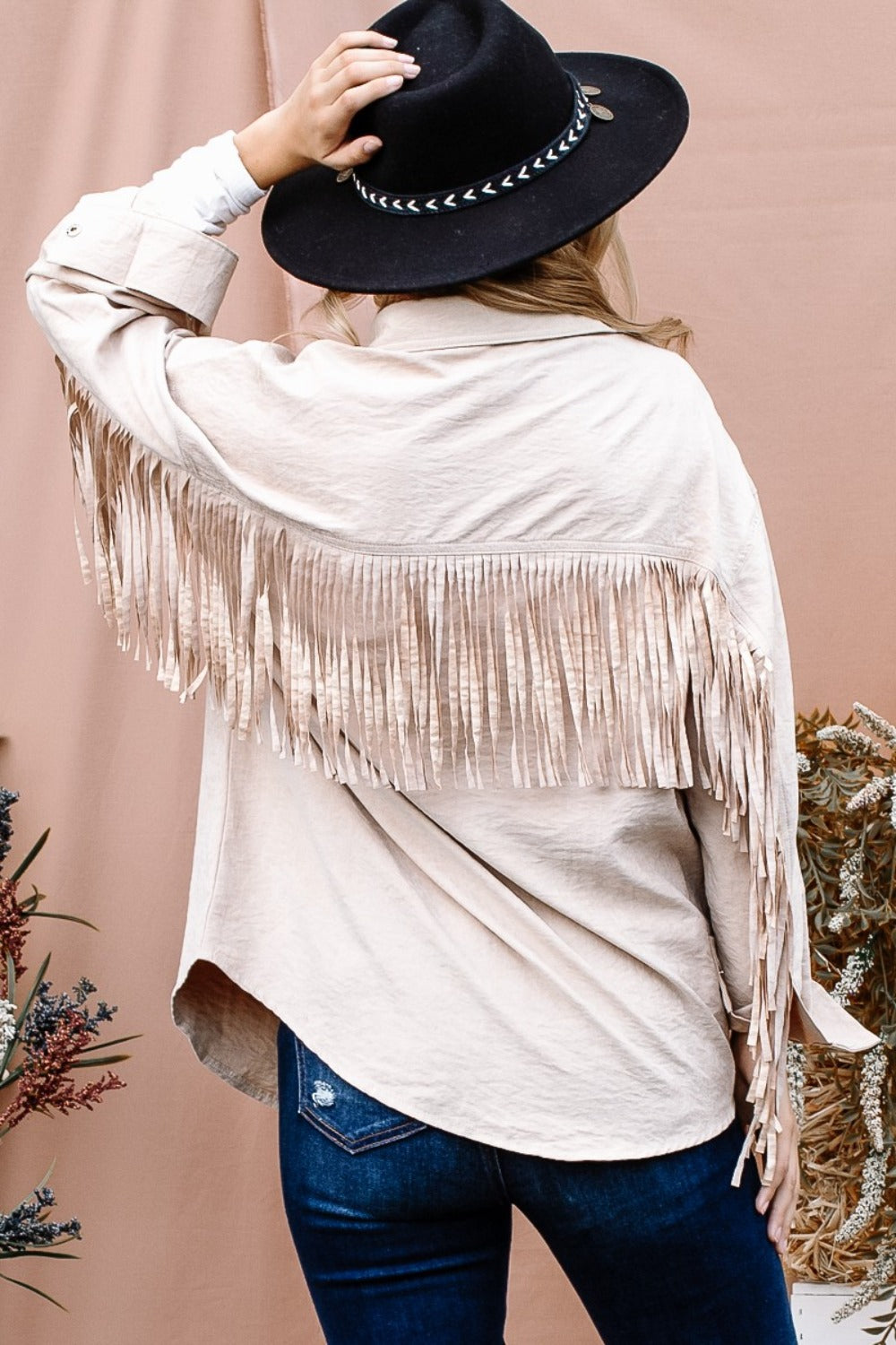 And The Why Full Size Fringe Back Detailed Button Down Shacket Beige