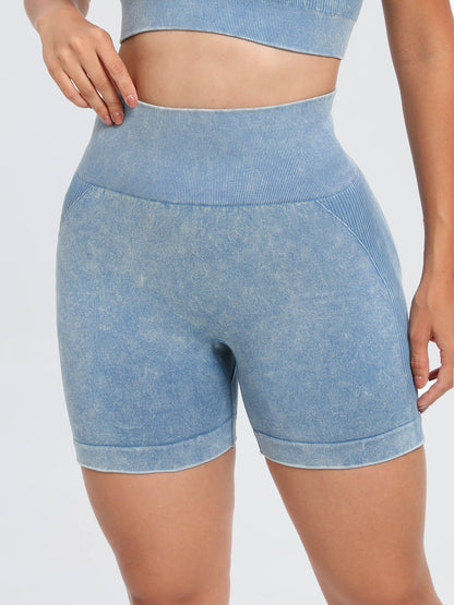 Washed High Waist Active Shorts Light Blue