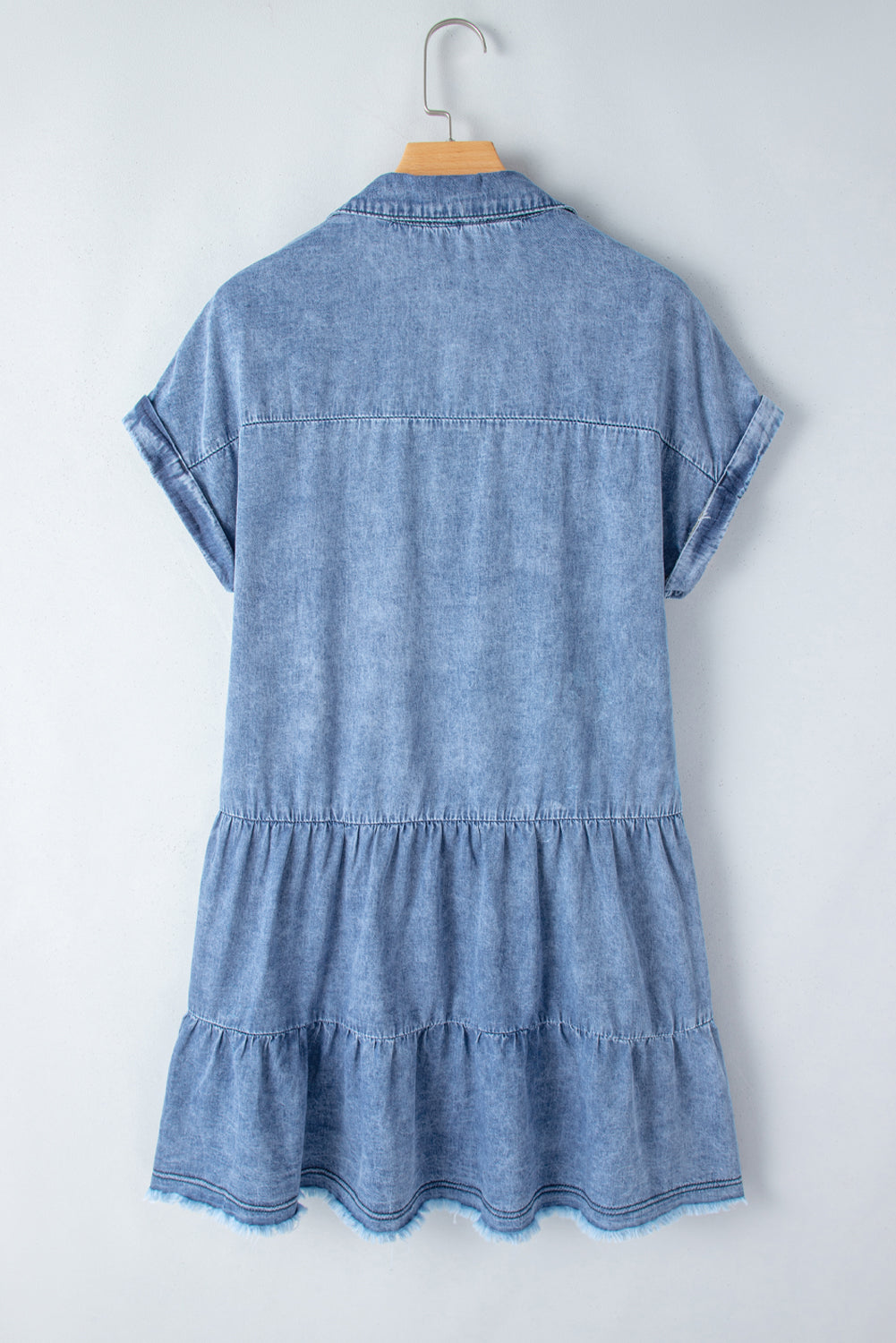 Raw Hem Collared Neck Short Sleeve Denim Dress Medium