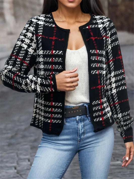 Plaid Open Front Long Sleeve Jacket Black