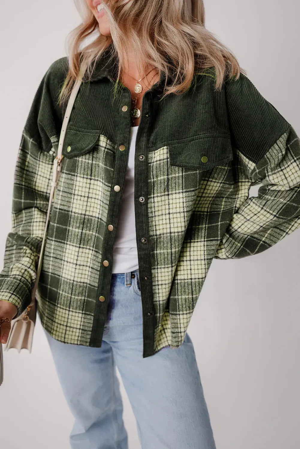 Plaid Button Up Long Sleeve Jacket Dark Green