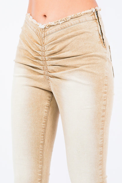 American Bazi V-Cut Ruched Flare Pants Tan