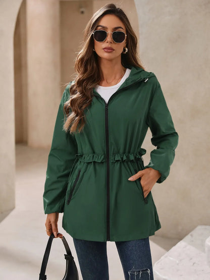 Outdoor Waterproof Long Sleeve Hooded Windbreaker Dark Green