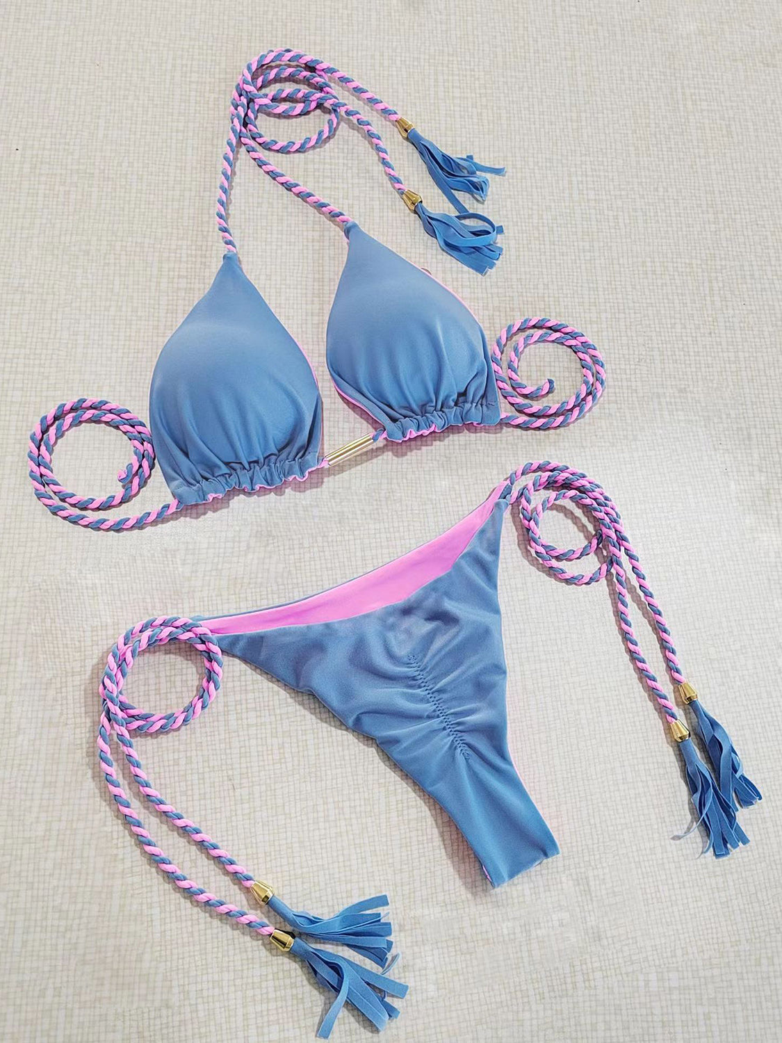 Contrast Halter Neck Two-Piece Bikini Set Sky Blue