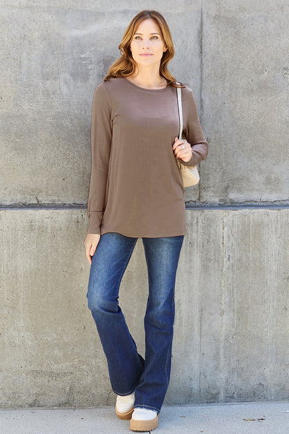 Basic Bae Full Size Round Neck Long Sleeve Top Mocha