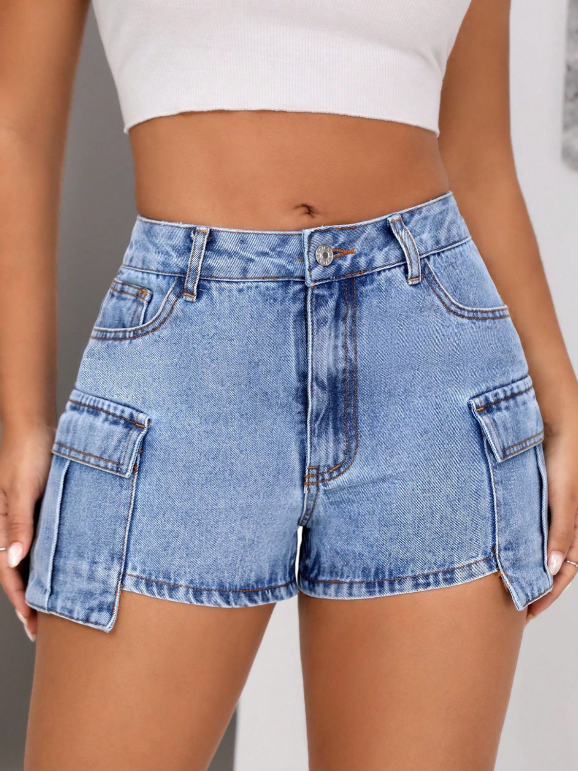 Mid-Rise Waist Denim Shorts with Pockets Light