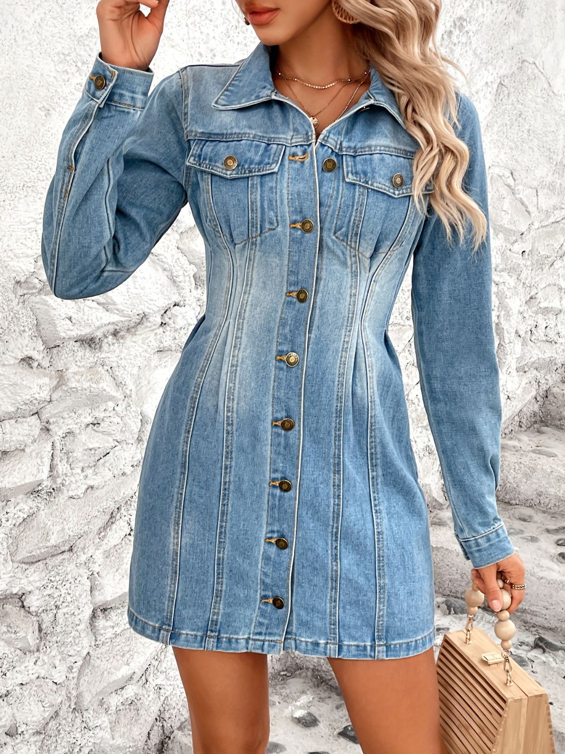 Pocketed Button Up Long Sleeve Denim Dress Medium