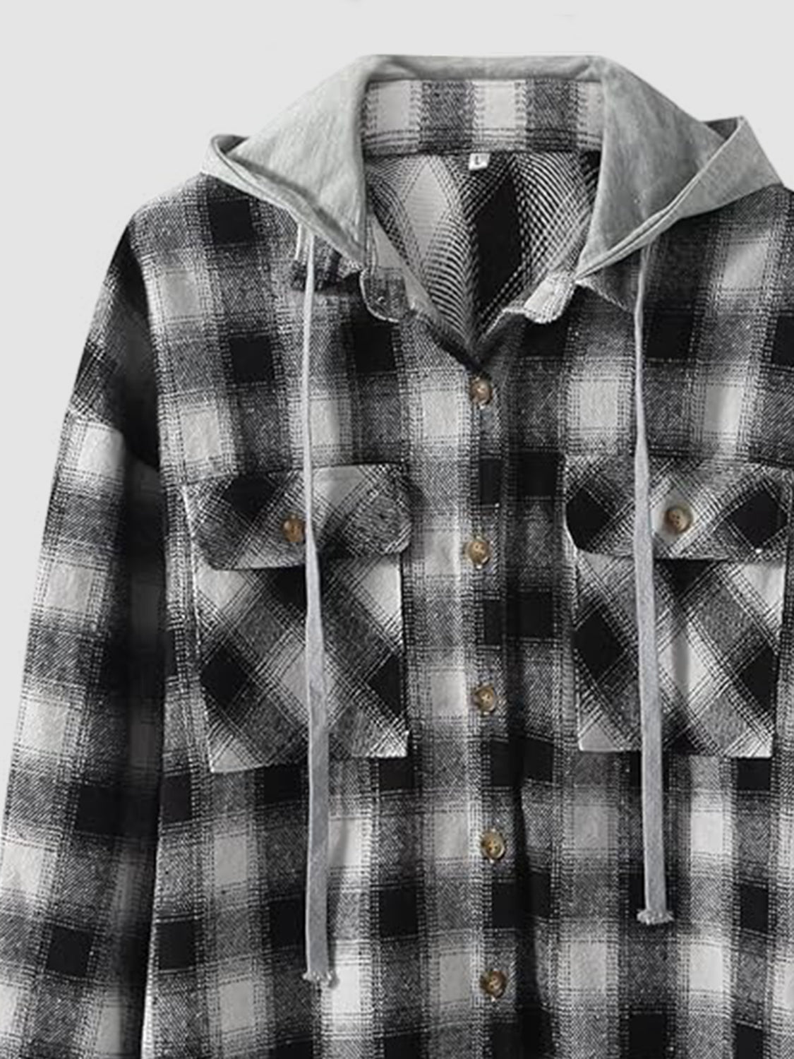 Raw Hem Plaid Long Sleeve Hooded Jacket Dark Gray