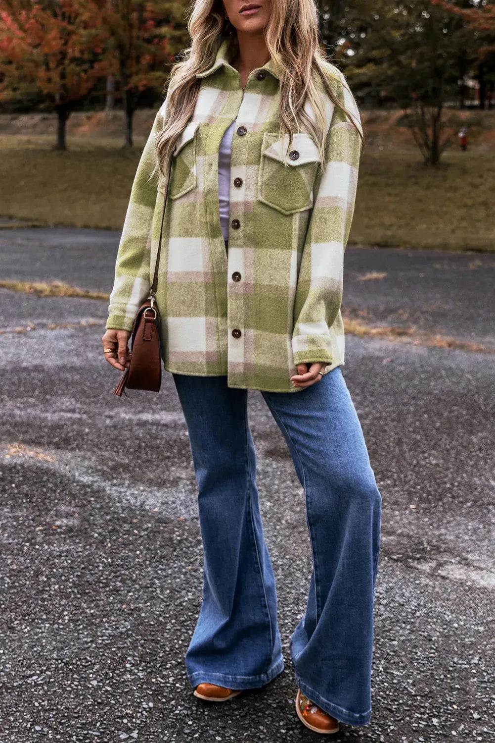 Plaid Button Up Long Sleeve Jacket Sage