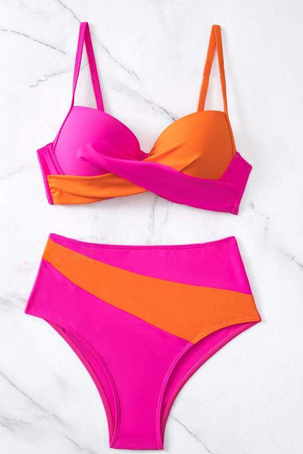 Contrast Sweetheart Neck Bikini Set Hot Pink