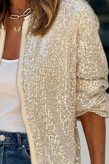 Sequin Zip Up Long Sleeve Jacket Beige