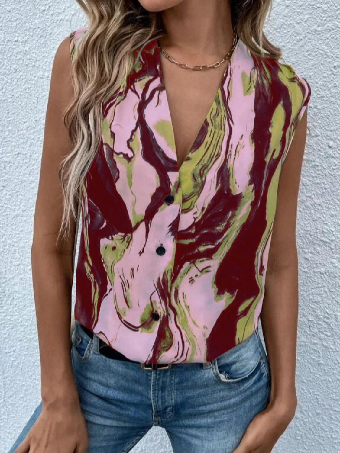 Full Size Printed Button Up Tank Burgundy