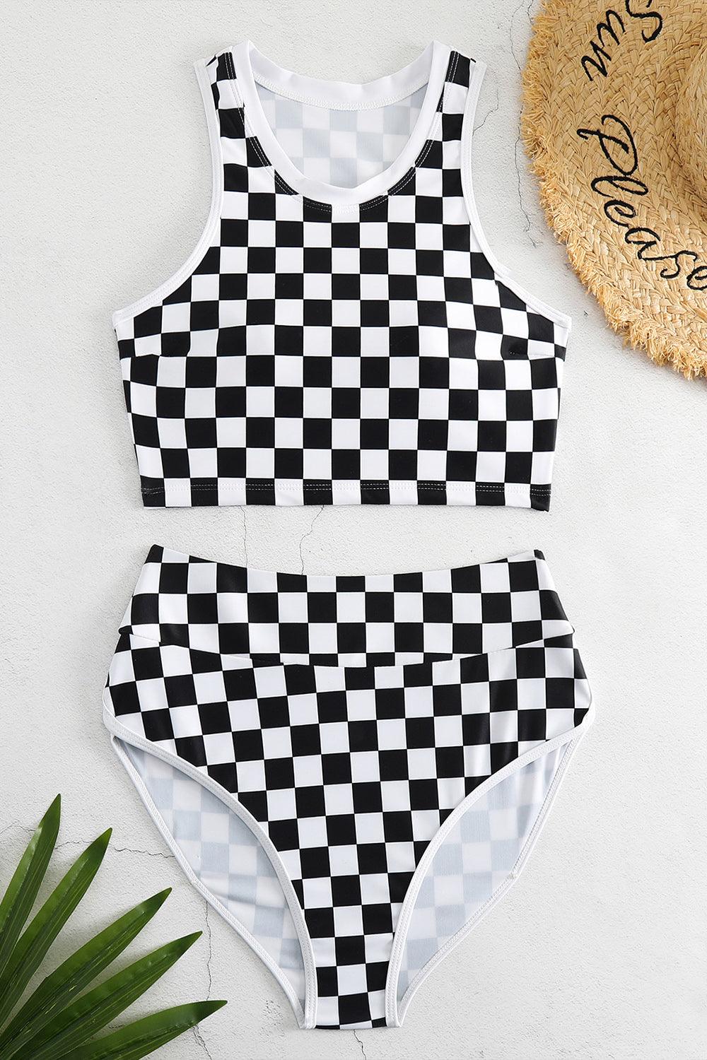 Checkered Wide Strap Two-Piece Swim Set Black