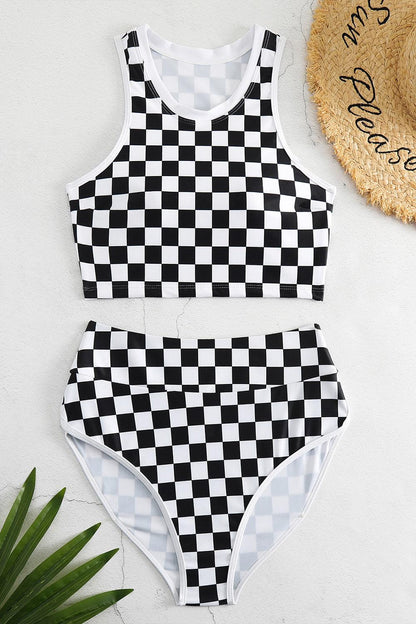 Checkered Wide Strap Two-Piece Swim Set Black