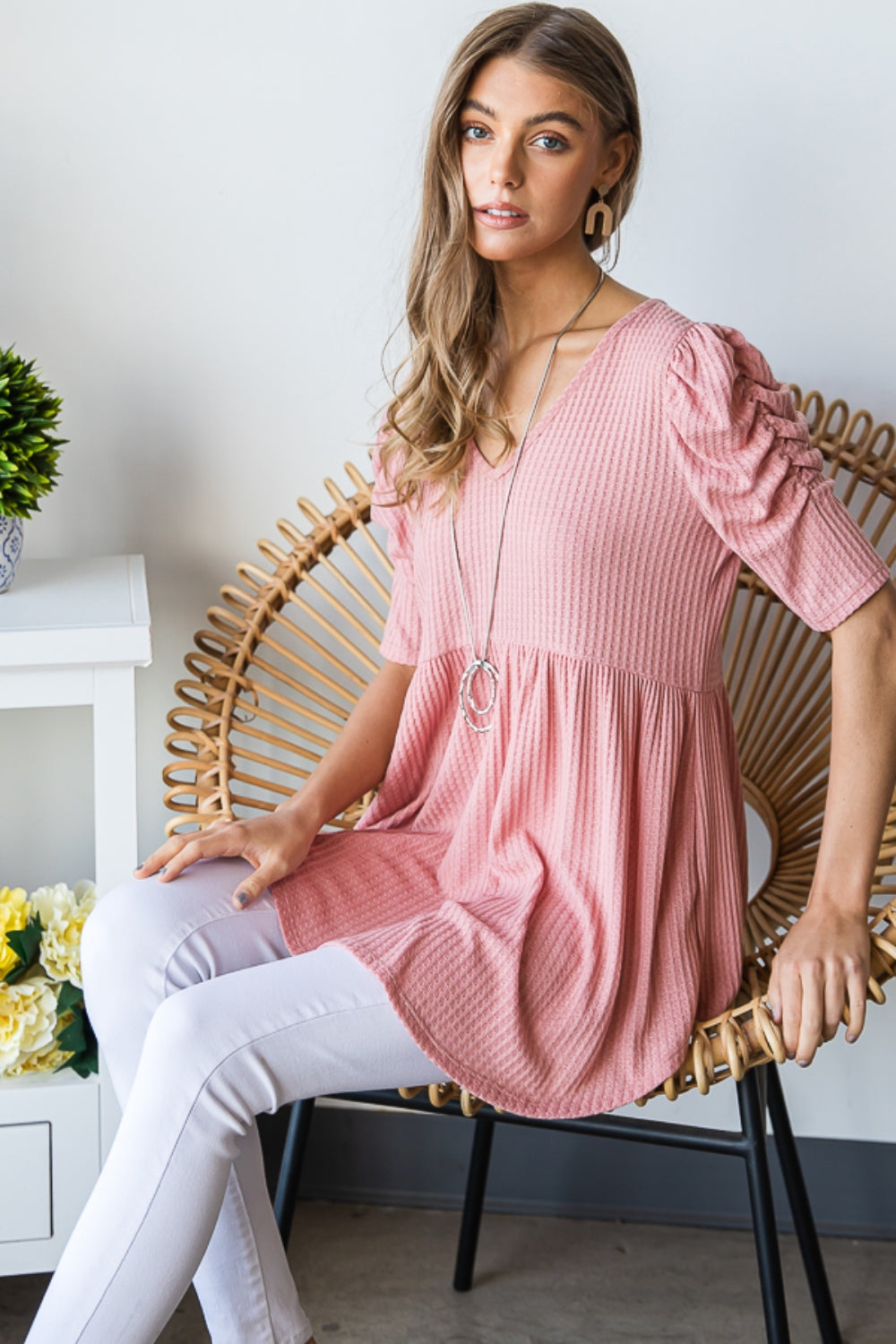 Heimish Full Size Waffle Knit V-Neck Babydoll Top ROSE