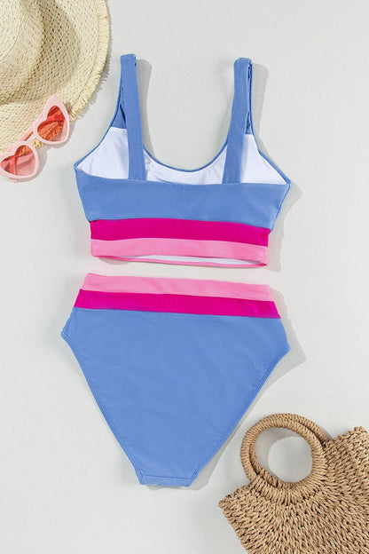 Contrast Scoop Neck Two-Piece Swim Set Dusty Blue