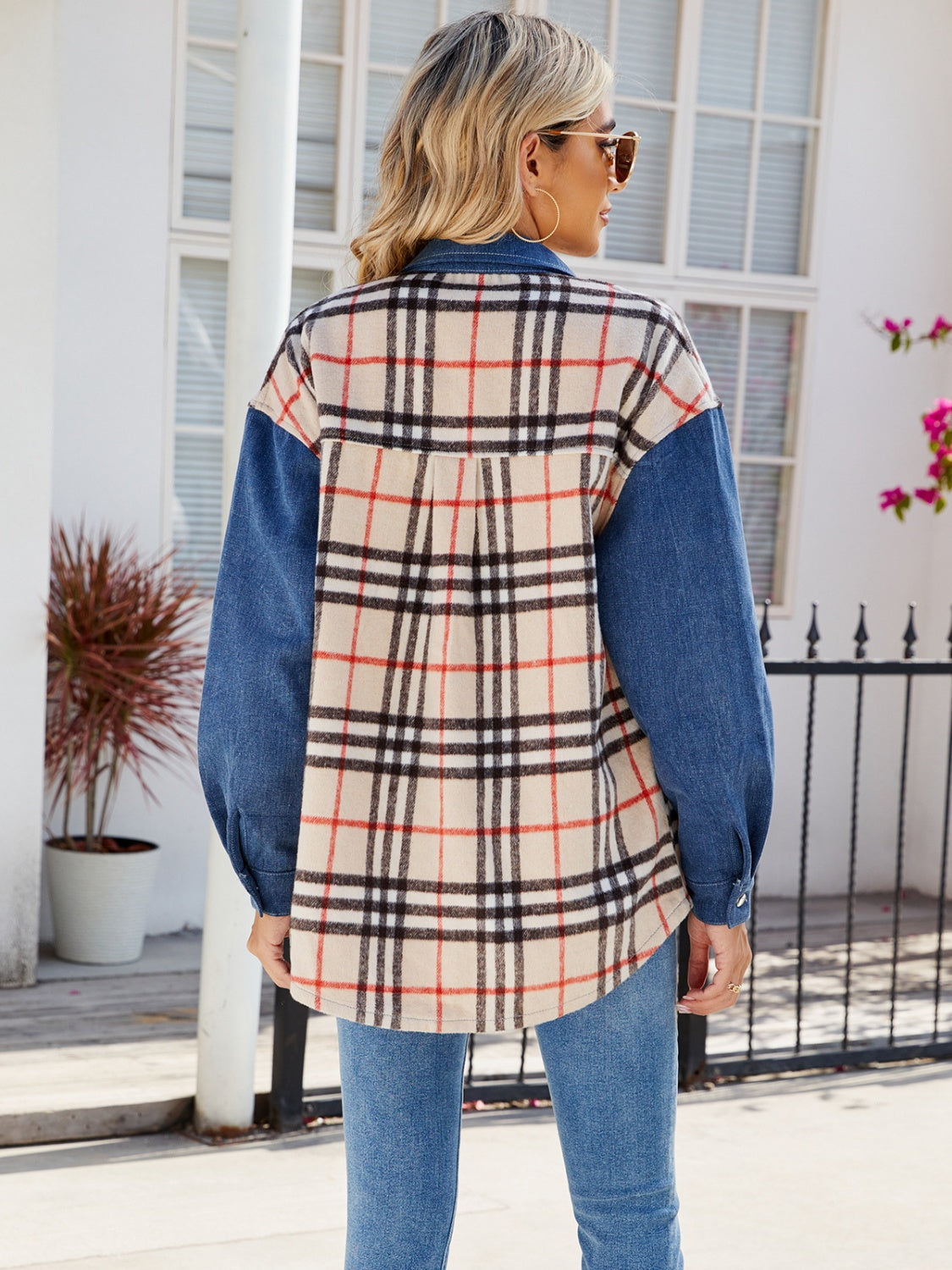 Plaid Long Sleeve Denim Jacket Dusty Blue