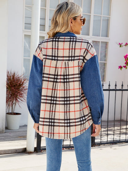 Plaid Long Sleeve Denim Jacket Dusty Blue