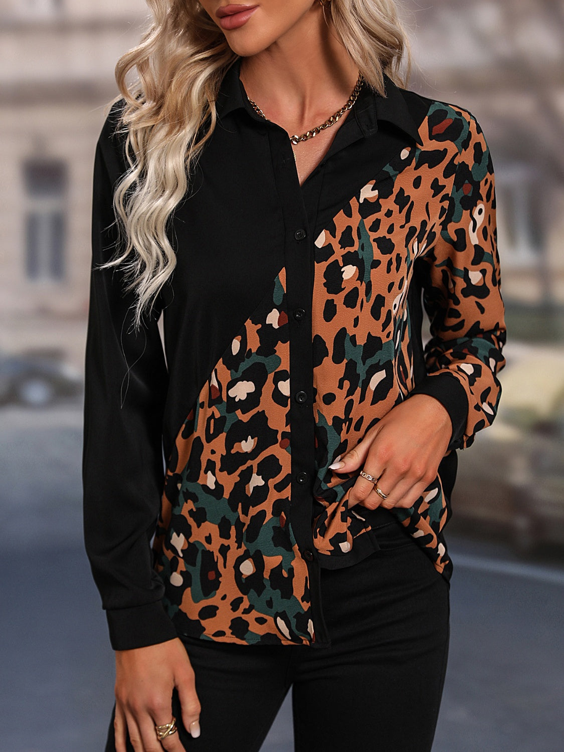 Honey Leopard Long Sleeve Blouse Black